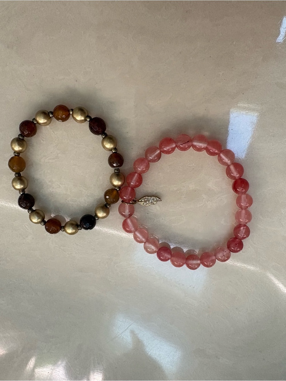 Rose-Pink Beaded Stretch Bracelet with Gold Charm Accent